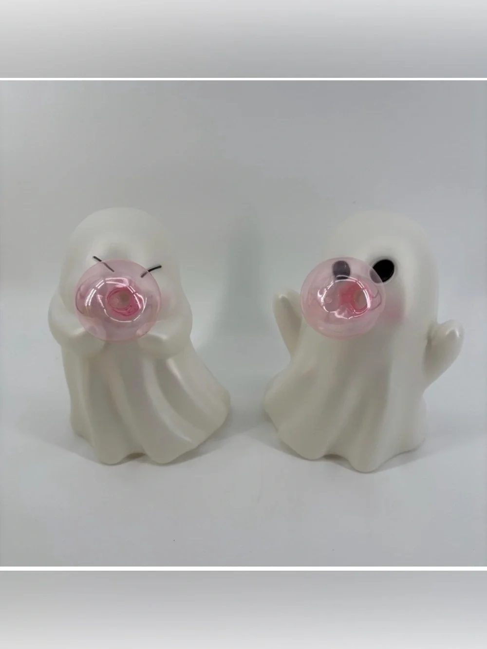 White Ghost Halloween Figurine Pair with Pink bubble
